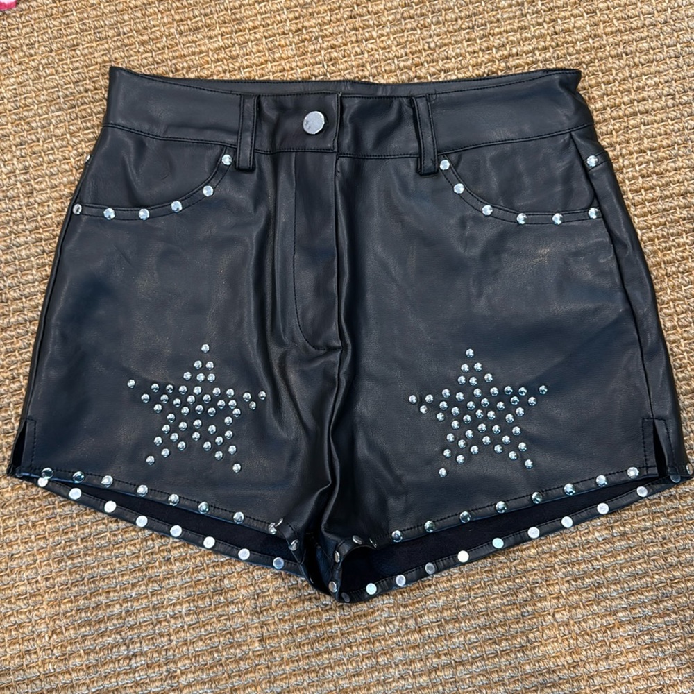 Nasty Gal Black Leather Star Studded Shorts